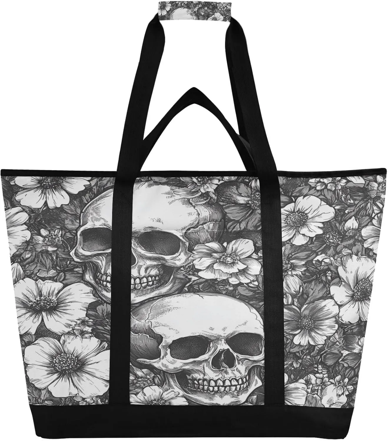 Skull Flower Reusable Insulated Lunchbox Cooler Bag, Leakproof Kitchen Grocery Bag Collapsible Portable Cooler Tote Bag for Picnic, Camping, Office, Travel