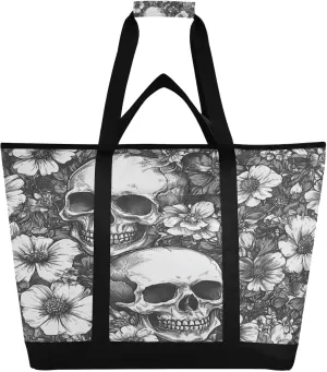 Skull Flower Reusable Insulated Lunchbox Cooler Bag, Leakproof Kitchen Grocery Bag Collapsible Portable Cooler Tote Bag for Picnic, Camping, Office, Travel