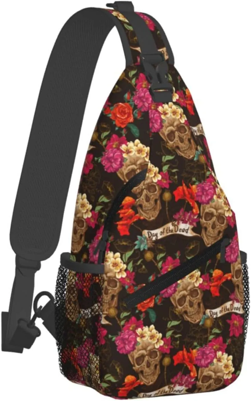 Skull Flowers Day Of The Dead Cross Chest Bag Diagonally Hiking Crossbody Bag Travel Shoulder Daypack Lightweight Sling Backpack Cycling Daypacks Fitness Chest Backpacks