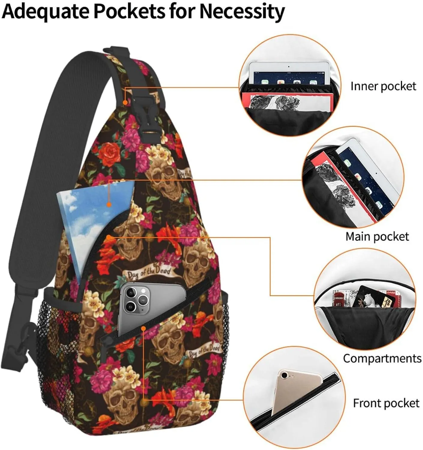Skull Flowers Day Of The Dead Cross Chest Bag Diagonally Hiking Crossbody Bag Travel Shoulder Daypack Lightweight Sling Backpack Cycling Daypacks Fitness Chest Backpacks