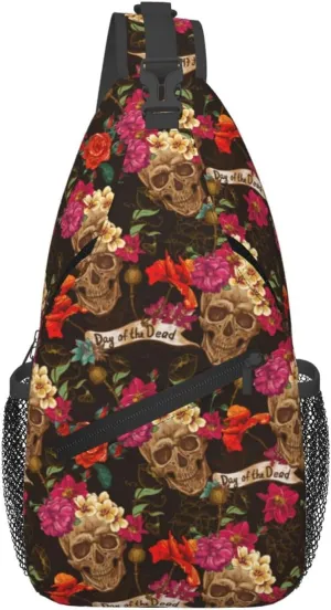 Skull Flowers Day Of The Dead Cross Chest Bag Diagonally Hiking Crossbody Bag Travel Shoulder Daypack Lightweight Sling Backpack Cycling Daypacks Fitness Chest Backpacks