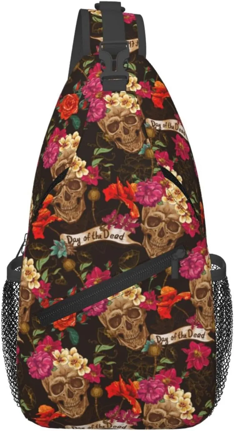 Skull Flowers Day Of The Dead Cross Chest Bag Diagonally Hiking Crossbody Bag Travel Shoulder Daypack Lightweight Sling Backpack Cycling Daypacks Fitness Chest Backpacks