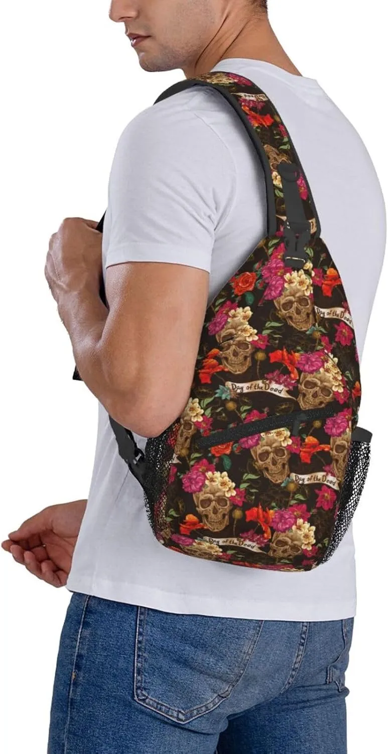 Skull Flowers Day Of The Dead Cross Chest Bag Diagonally Hiking Crossbody Bag Travel Shoulder Daypack Lightweight Sling Backpack Cycling Daypacks Fitness Chest Backpacks