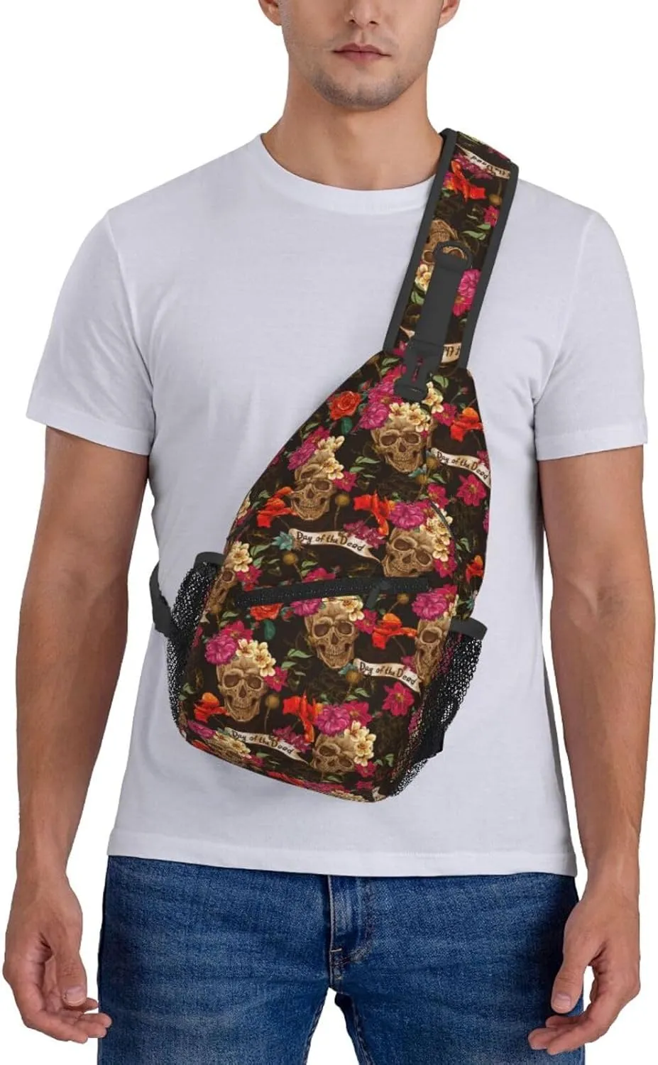 Skull Flowers Day Of The Dead Cross Chest Bag Diagonally Hiking Crossbody Bag Travel Shoulder Daypack Lightweight Sling Backpack Cycling Daypacks Fitness Chest Backpacks