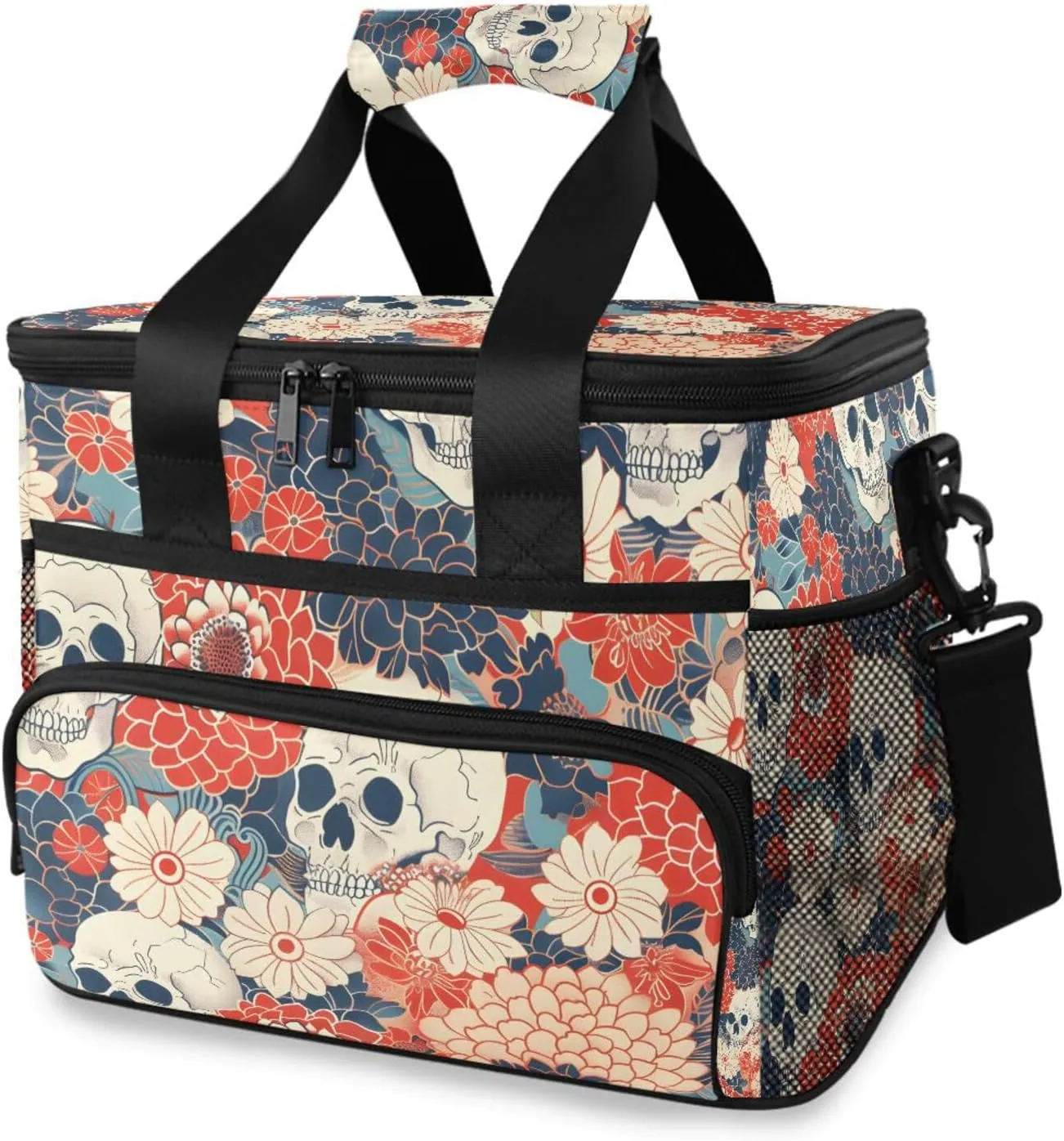 Skulls Red Flowers Cooler Bag Insulated Cooler Soft Sided Cooler 24 Can Portable Picnic Bag Large Leakproof Lunch Bag Box for Beach Grocery Camping Travel Car Men Women