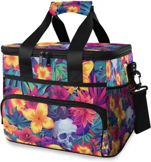 Skulls Yellow Flowers Tropical Cooler Bag Insulated Cooler Soft Sided Cooler 24 Can Portable Picnic Bag Large Leakproof Lunch Bag Box for Beach Grocery Camping Travel Car Men Women