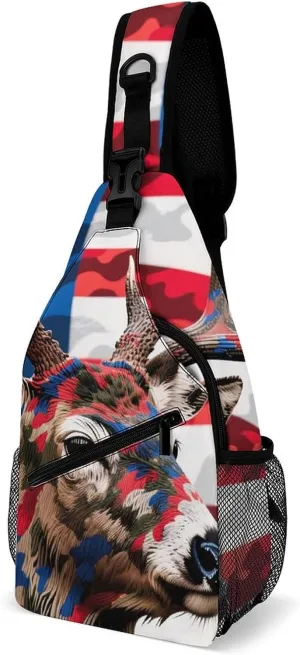 Sling Shoulder Backpack for Men Women Anti-Theft Multipurpose Travel Backpack Camping Outdoor Bag, American Flag Camo Deer Camouflage Art Crossbody Daypacks Shoulder Packs