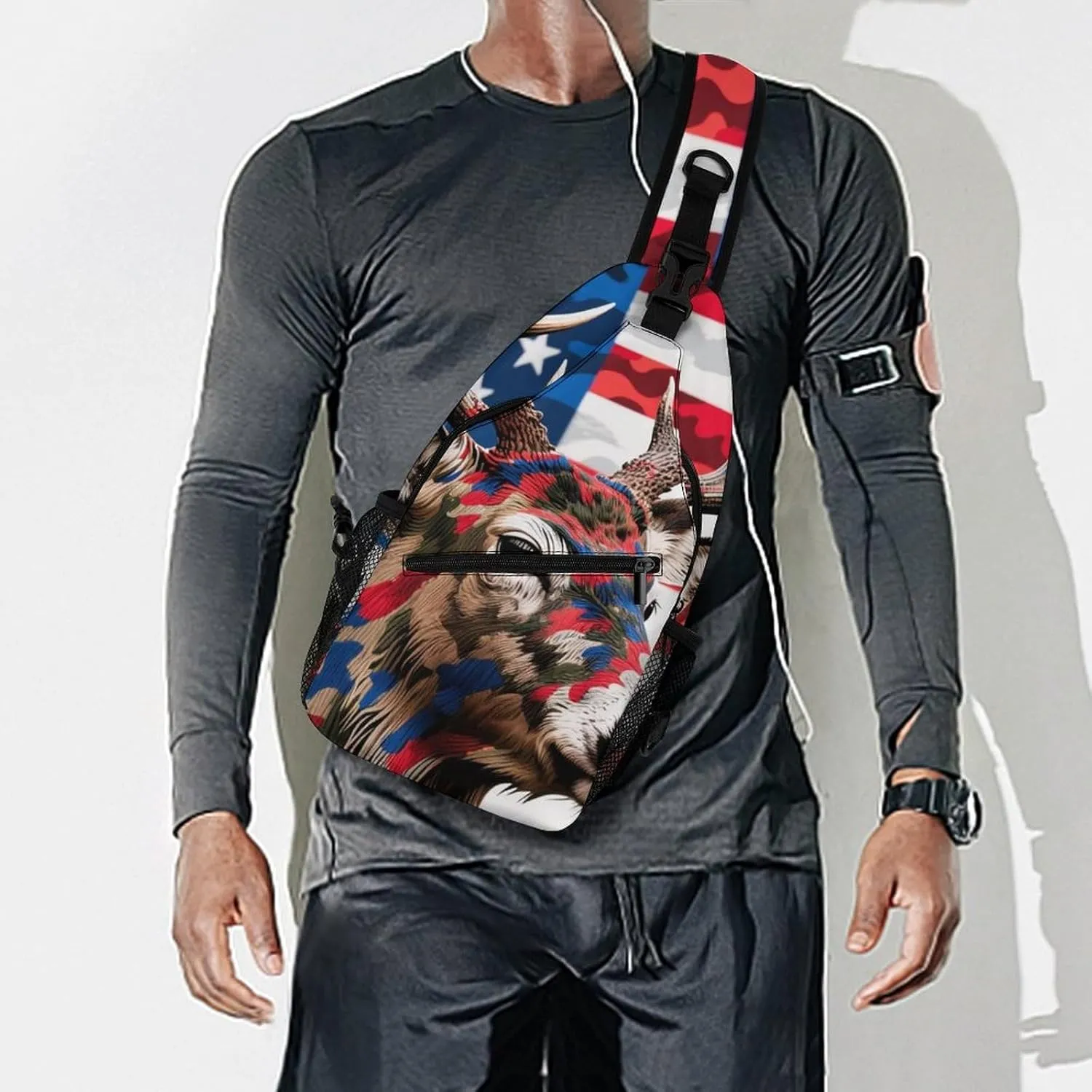 Sling Shoulder Backpack for Men Women Anti-Theft Multipurpose Travel Backpack Camping Outdoor Bag, American Flag Camo Deer Camouflage Art Crossbody Daypacks Shoulder Packs