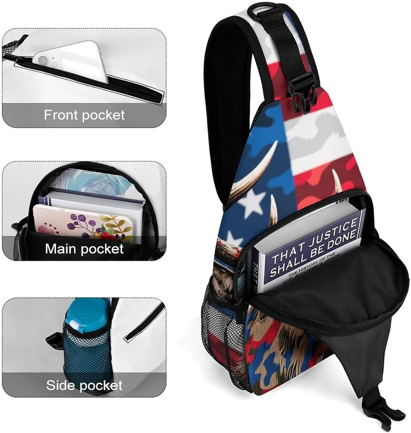 Sling Shoulder Backpack for Men Women Anti-Theft Multipurpose Travel Backpack Camping Outdoor Bag, American Flag Camo Deer Camouflage Art Crossbody Daypacks Shoulder Packs