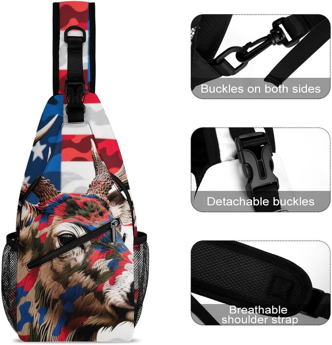 Sling Shoulder Backpack for Men Women Anti-Theft Multipurpose Travel Backpack Camping Outdoor Bag, American Flag Camo Deer Camouflage Art Crossbody Daypacks Shoulder Packs