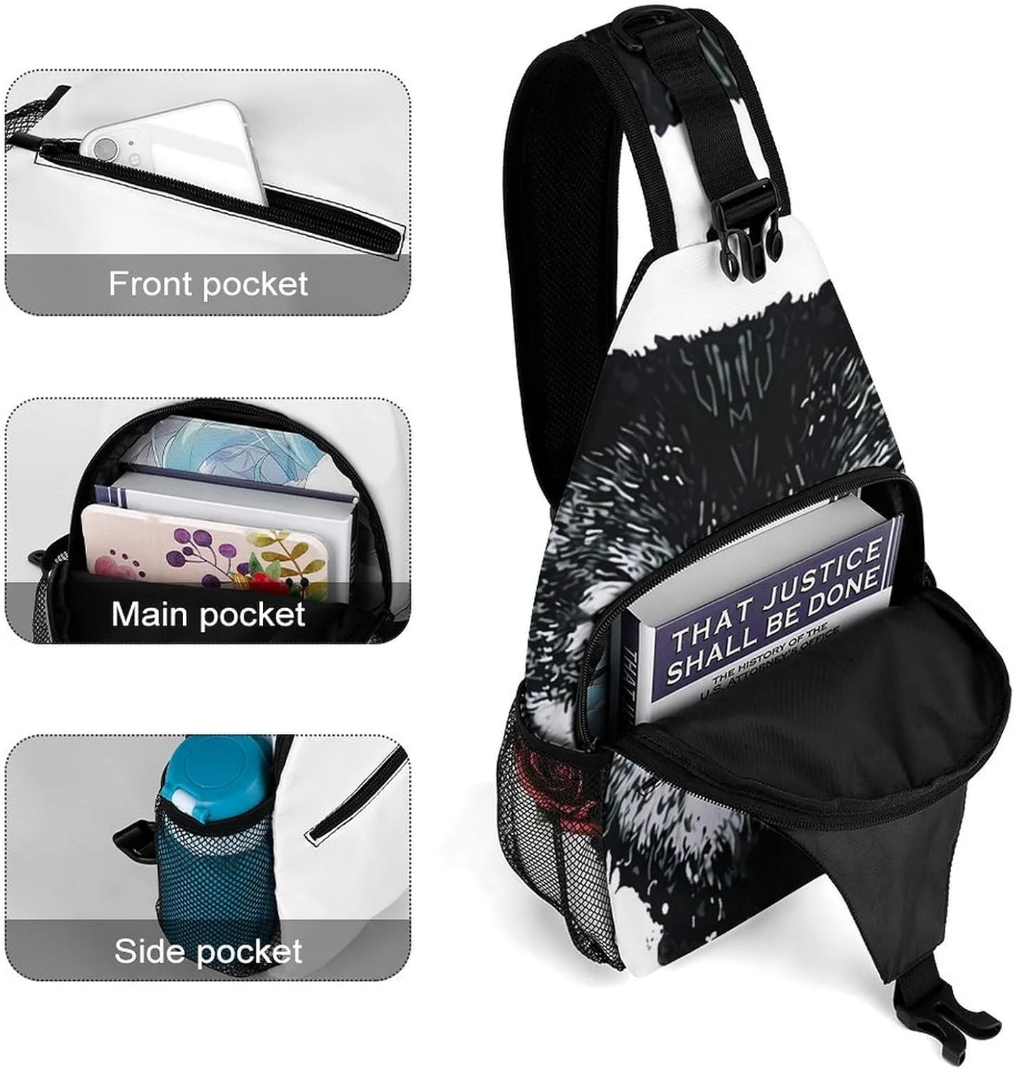 Sling Shoulder Backpack for Men Women Anti-Theft Multipurpose Travel Backpack Camping Outdoor Bag, Awesome Wolf Rose Art Crossbody Daypacks Shoulder Packs