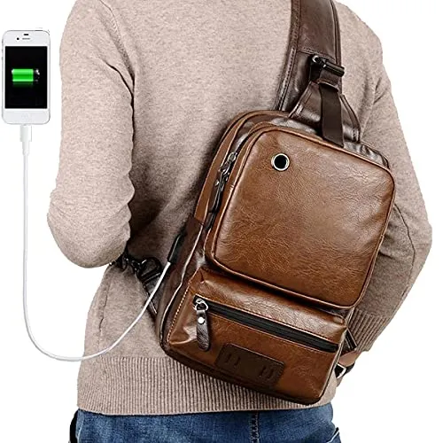 Small Brown Sling Crossbody Backpack, USB Charger