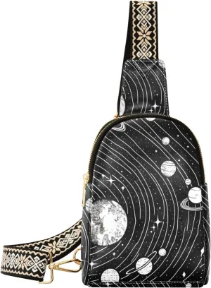 Small Sling Bag for Women Black and White Universe Galaxy Leather Crossbody Bags Chest Bag Waist Packs