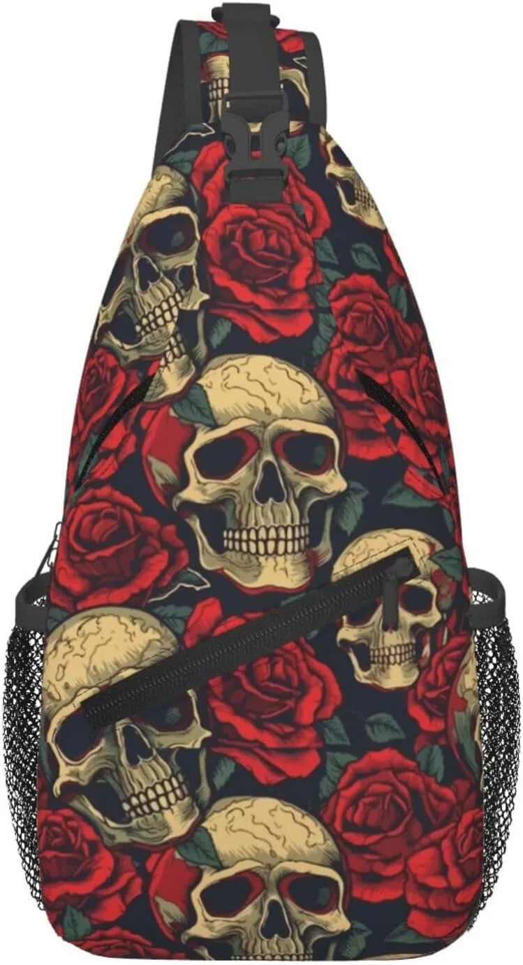 Smiley Skulls Face Retro Red Roses Cross Chest Bag Diagonally Hiking Crossbody Bag Travel Shoulder Daypack Lightweight Sling Backpack Cycling Daypacks Fitness Chest Backpacks