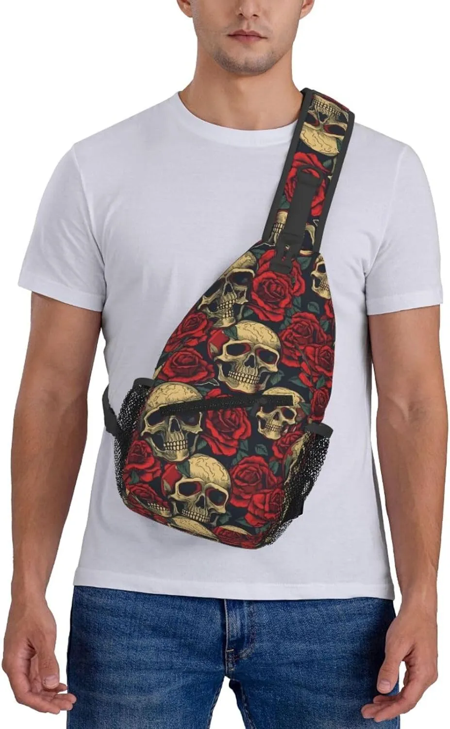Smiley Skulls Face Retro Red Roses Cross Chest Bag Diagonally Hiking Crossbody Bag Travel Shoulder Daypack Lightweight Sling Backpack Cycling Daypacks Fitness Chest Backpacks