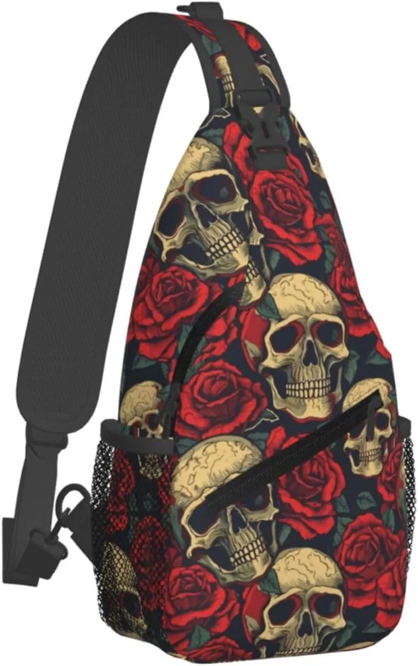 Smiley Skulls Face Retro Red Roses Cross Chest Bag Diagonally Hiking Crossbody Bag Travel Shoulder Daypack Lightweight Sling Backpack Cycling Daypacks Fitness Chest Backpacks