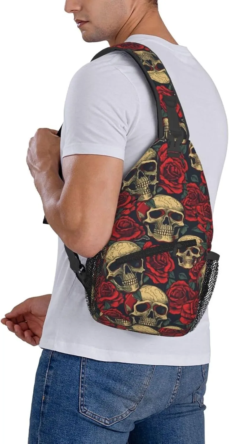 Smiley Skulls Face Retro Red Roses Cross Chest Bag Diagonally Hiking Crossbody Bag Travel Shoulder Daypack Lightweight Sling Backpack Cycling Daypacks Fitness Chest Backpacks