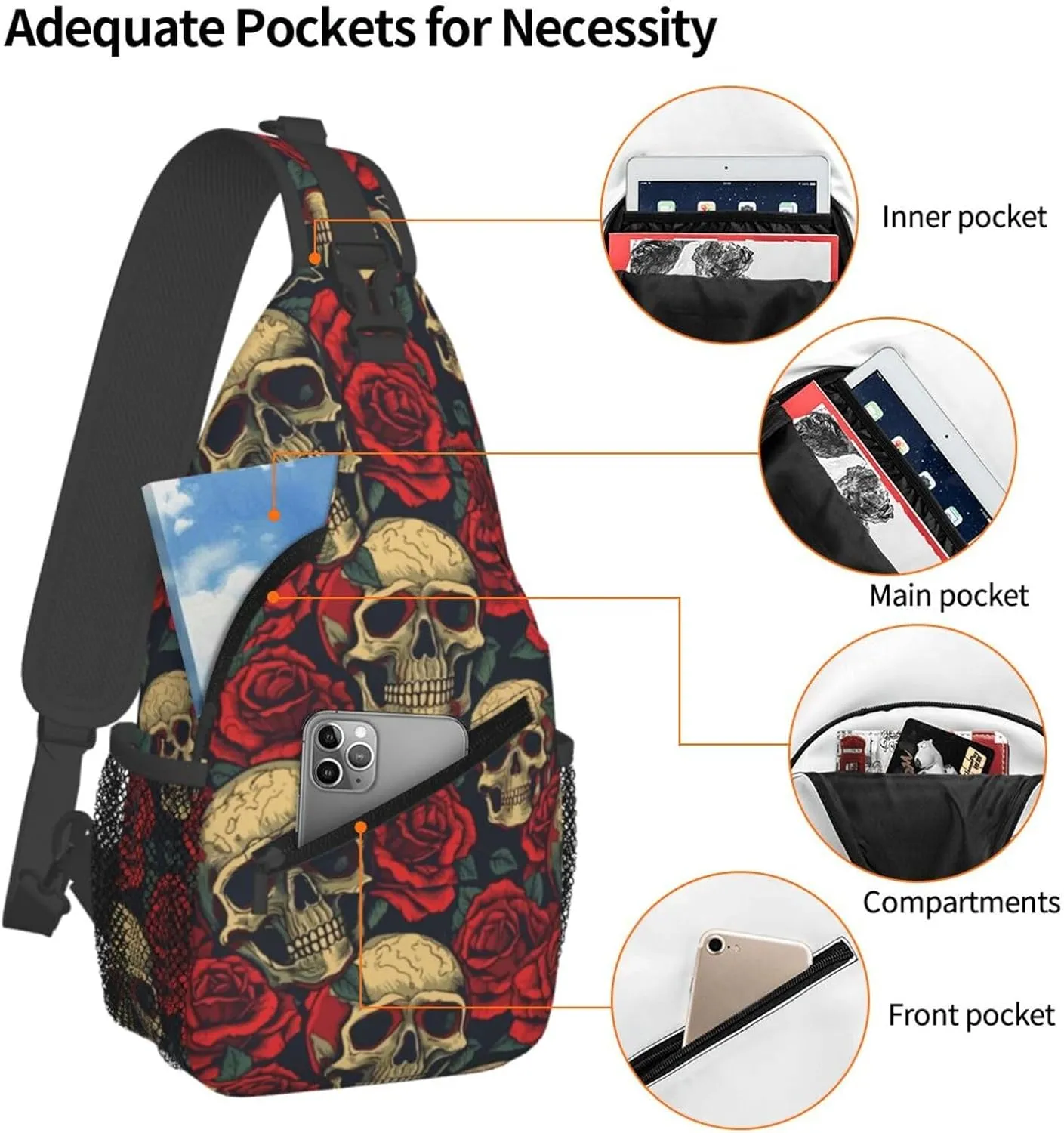 Smiley Skulls Face Retro Red Roses Cross Chest Bag Diagonally Hiking Crossbody Bag Travel Shoulder Daypack Lightweight Sling Backpack Cycling Daypacks Fitness Chest Backpacks