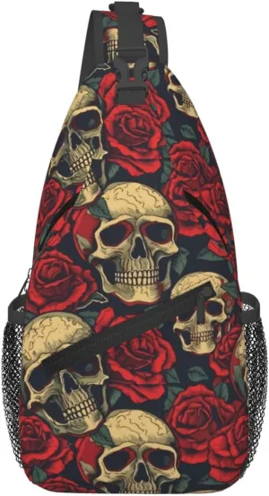 Smiley Skulls Face Retro Red Roses Cross Chest Bag Diagonally Hiking Crossbody Bag Travel Shoulder Daypack Lightweight Sling Backpack Cycling Daypacks Fitness Chest Backpacks