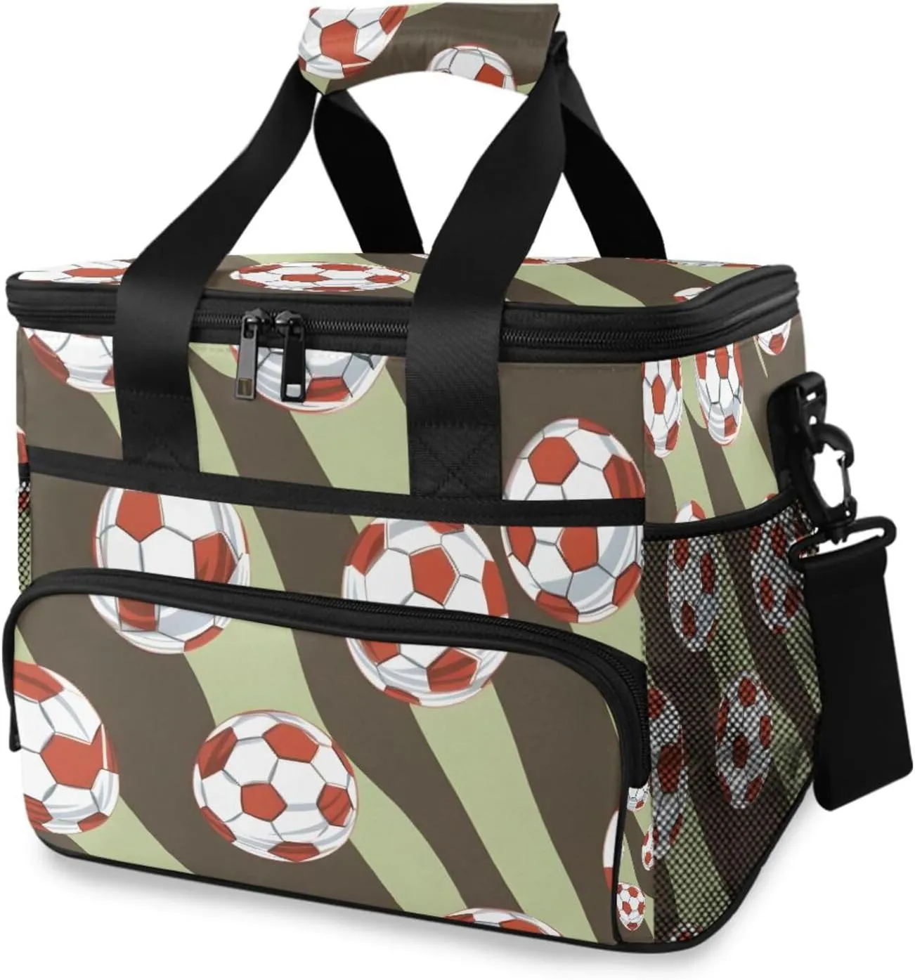 Soccer Green Stripes Cooler Bag Insulated Cooler Soft Sided Cooler 24 Can Portable Picnic Bag Large Leakproof Lunch Bag Box for Beach Grocery Camping Travel Car Men Women