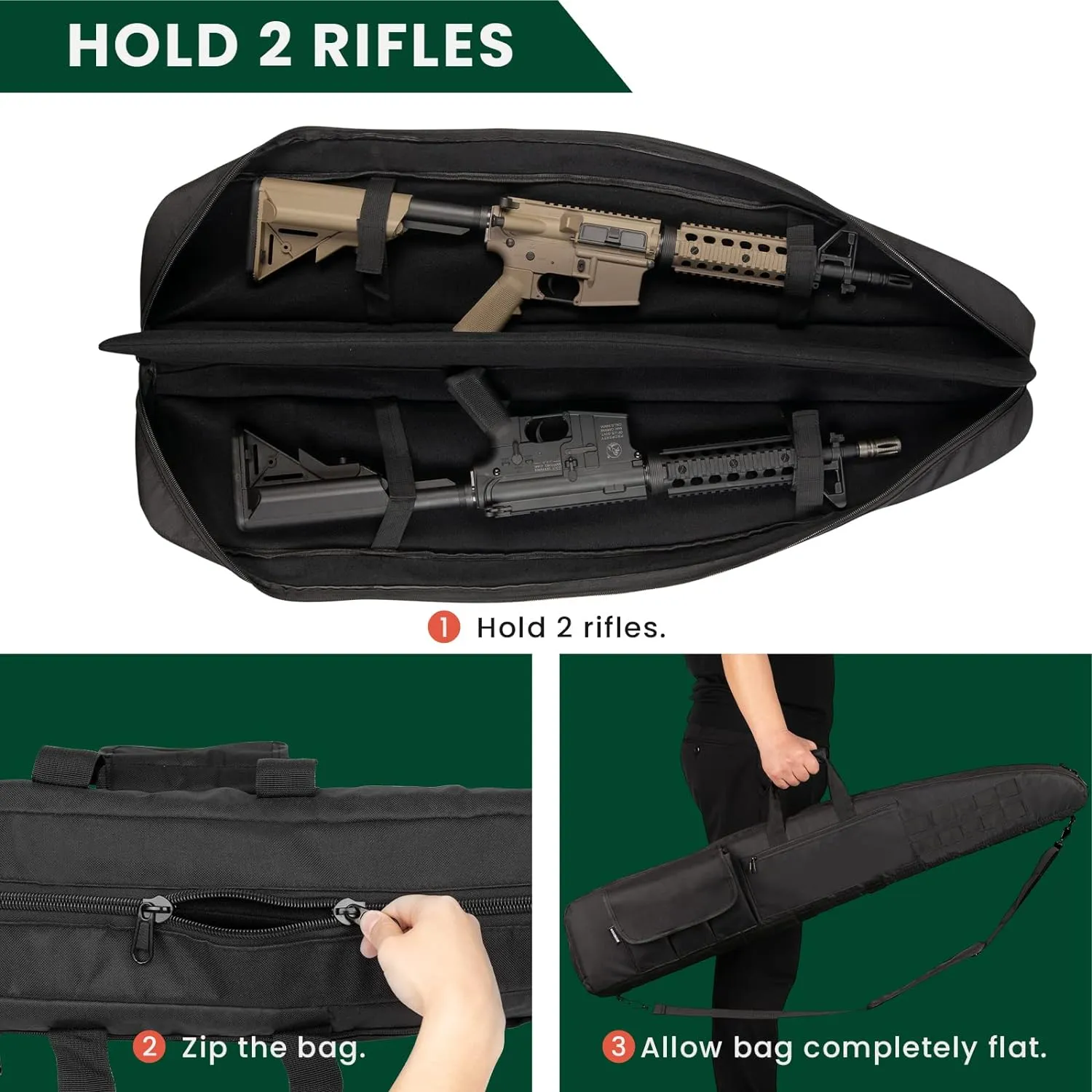 Soft Double Shotgun Rifle Case 38” 42” 44” 46" 52" Long Gun Bag w/Padded Handle - Adjustable Sling Dual Lockable Zippers, Multiple Magazine Holder Pouches Outdoor Tactical Accessory Bags
