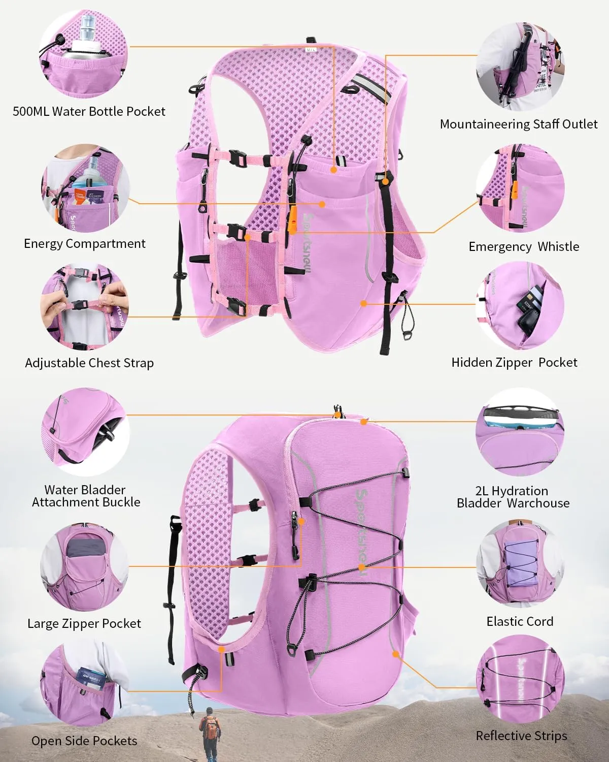 sportsnew Running Vest for Women Men, Lightweight 10L Hydration Backpack with Waterproof Phone Pocket, Breathable Pack for Hiking Trail Running Cycling Marathon