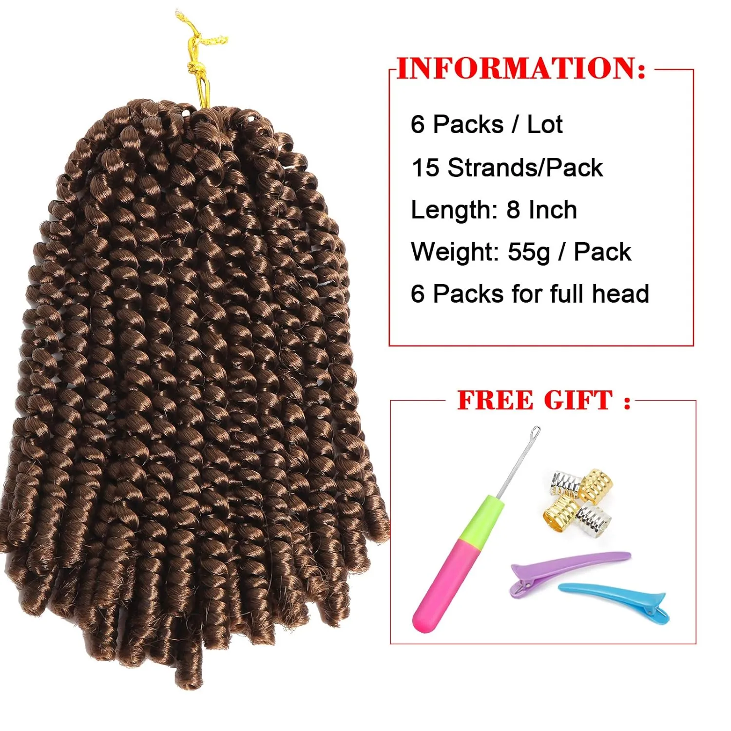 Spring Twist Hair 6 Packs 8inch Fluffy Spring Twist Crochet Hair Passion Twist Crochet Hair Synthetic Braiding Hair Extensions 15 Strands 55g/Pack(8inch, #30)