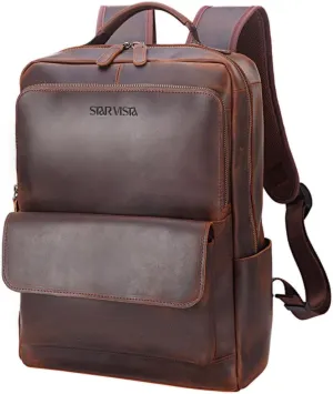STAR VISTA Navona 15.6" Vintage Full Grain Leather Laptop Backpack for Men & Women, Multi Pockets, Casual Outdoor Business Travel Rucksack, YKK Zippers