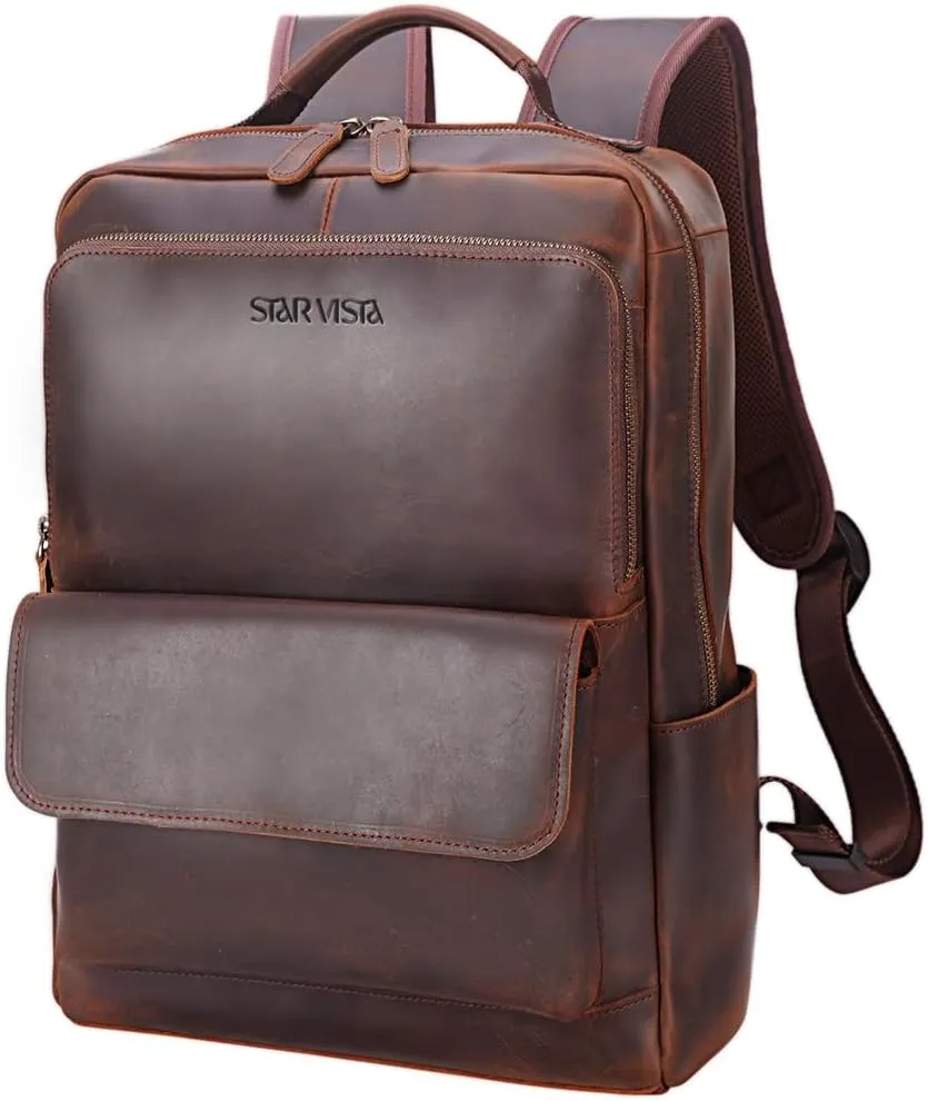 STAR VISTA Navona 15.6" Vintage Full Grain Leather Laptop Backpack for Men & Women, Multi Pockets, Casual Outdoor Business Travel Rucksack, YKK Zippers