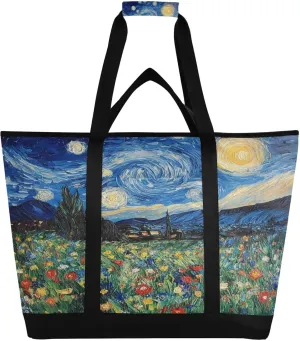 Starry Flowers Reusable Insulated Lunchbox Cooler Bag, Leakproof Kitchen Grocery Bag Collapsible Portable Cooler Tote Bag for Picnic, Camping, Office, Travel