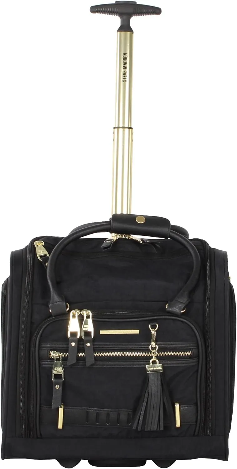 steve madden Designer 15 Inch Carry on Suitcase- Small Weekender Overnight Business Travel Luggage- Lightweight 2- Rolling Spinner Wheels Under Seat Bag for Women (Peek-A-Boo Black)