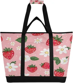 Strawberries Flowers Reusable Insulated Lunchbox Cooler Bag, Leakproof Kitchen Grocery Bag Collapsible Portable Cooler Tote Bag for Picnic, Camping, Office, Travel