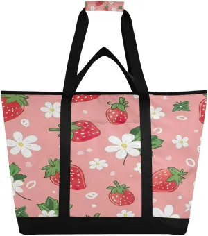 Strawberries Flowers Reusable Insulated Lunchbox Cooler Bag, Leakproof Kitchen Grocery Bag Collapsible Portable Cooler Tote Bag for Picnic, Camping, Office, Travel