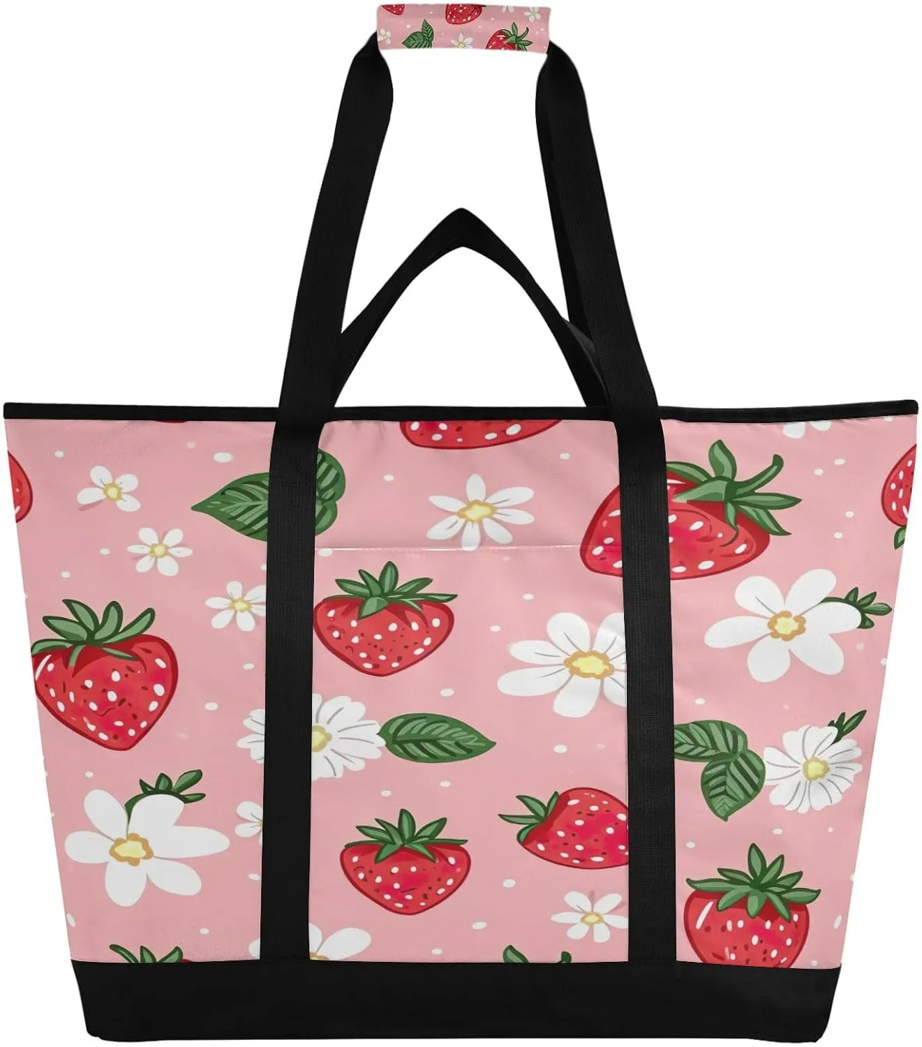 Strawberries Flowers Reusable Insulated Lunchbox Cooler Bag, Leakproof Kitchen Grocery Bag Collapsible Portable Cooler Tote Bag for Picnic, Camping, Office, Travel
