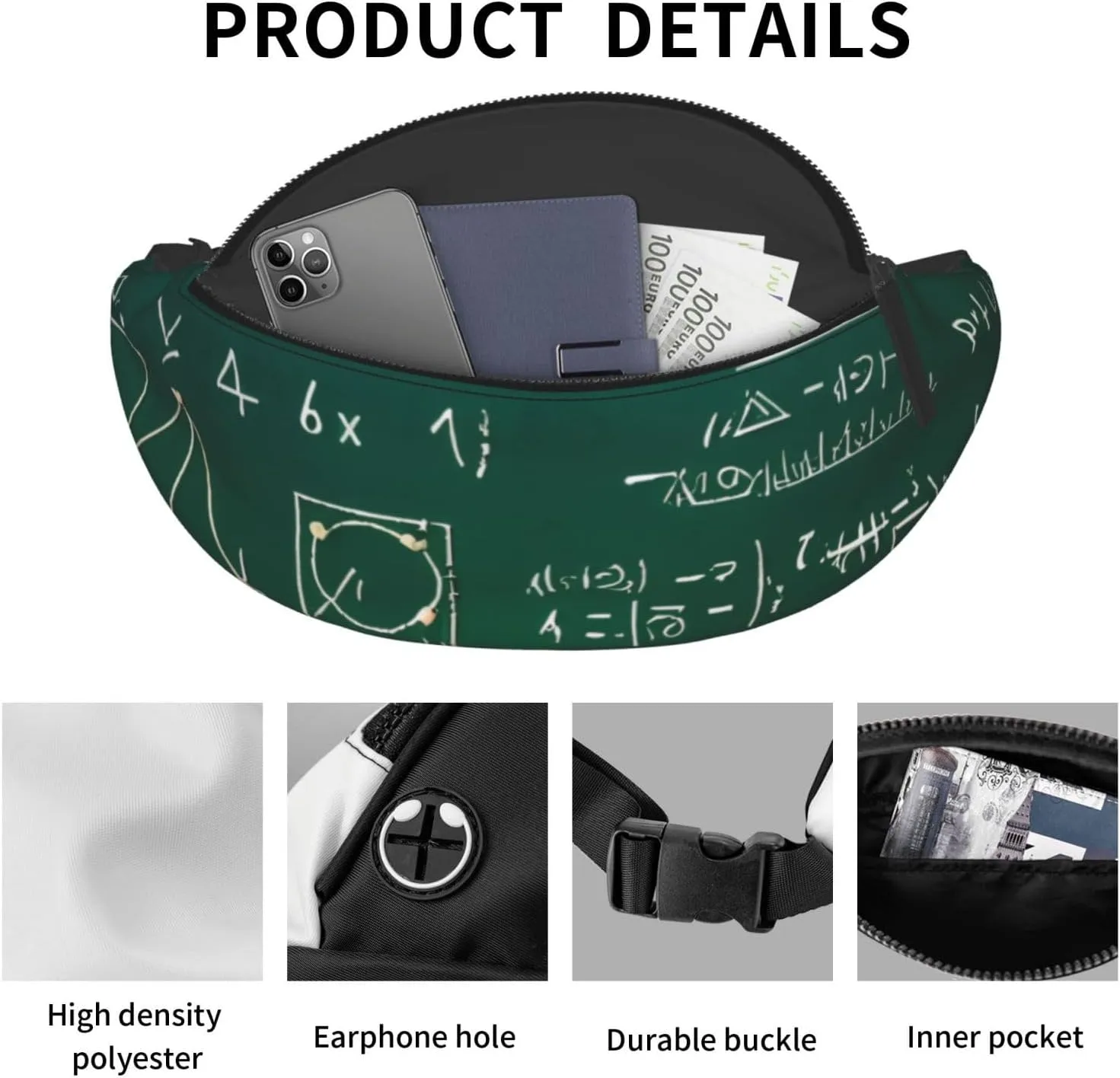 Stylish 3d Math Formula Bumbags Waist Fanny Pack For Women Ladies Men Lightweight Bum Bag With Zip Pockets Adjustable Belt For Dog Walking Running Cycling Hiking Outdoor Sport