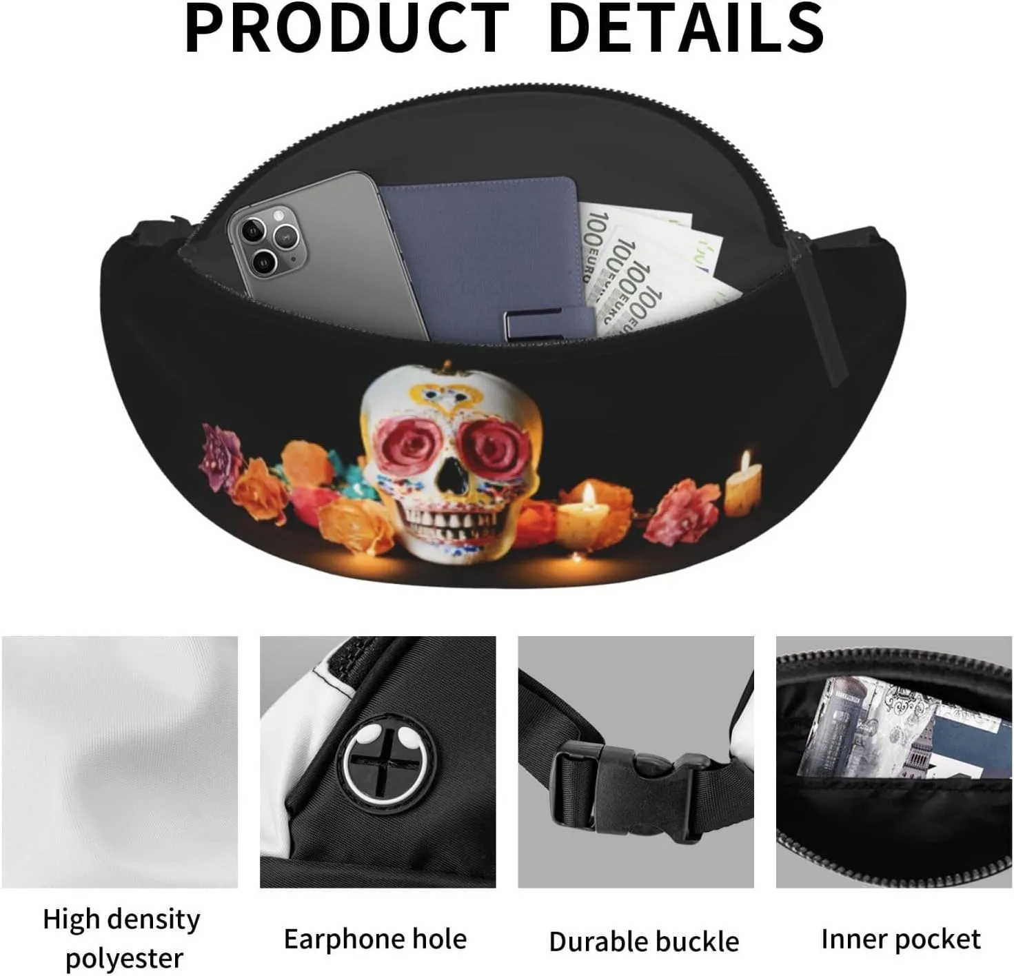 Stylish 3d Mexican Skull Bumbags Waist Fanny Pack For Women Ladies Men Lightweight Bum Bag With Zip Pockets Adjustable Belt For Dog Walking Running Cycling Hiking Outdoor Sport