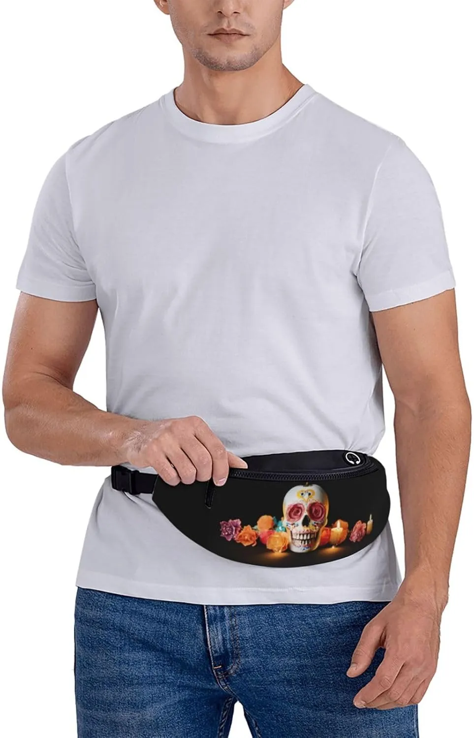 Stylish 3d Mexican Skull Bumbags Waist Fanny Pack For Women Ladies Men Lightweight Bum Bag With Zip Pockets Adjustable Belt For Dog Walking Running Cycling Hiking Outdoor Sport