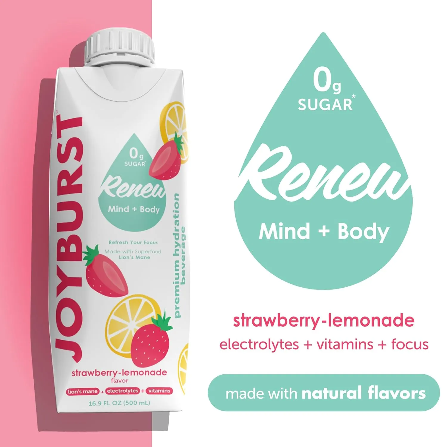 Sugar Free Electrolyte Water, Zero Calorie Hydration Drink, Refresh, Hydrate & Recover, Electrolytes Vitamin B's   Focus, Comes in Eco-friendly Tetra Pak® packages (Strawberry-lemonade, 12 Packs)