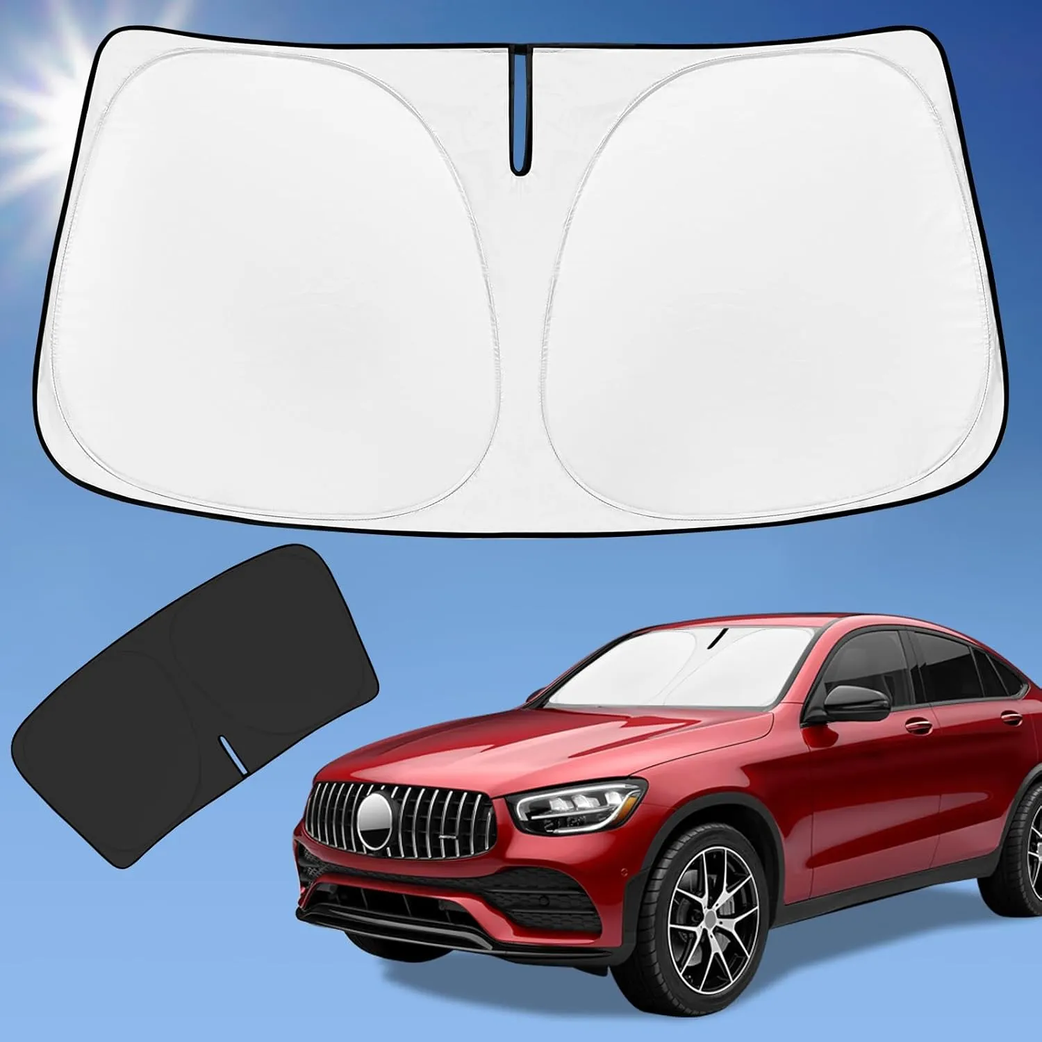 Sun Shade Sunshade for 2016-2024 Mercedes-Benz GLC300 GLK SUV Windshield Cover, 4-Layer Front Window Shade Custom fit Sun Visor 240T Retractable Shield Shade Blocks UV Rays Cooler Car Accessories