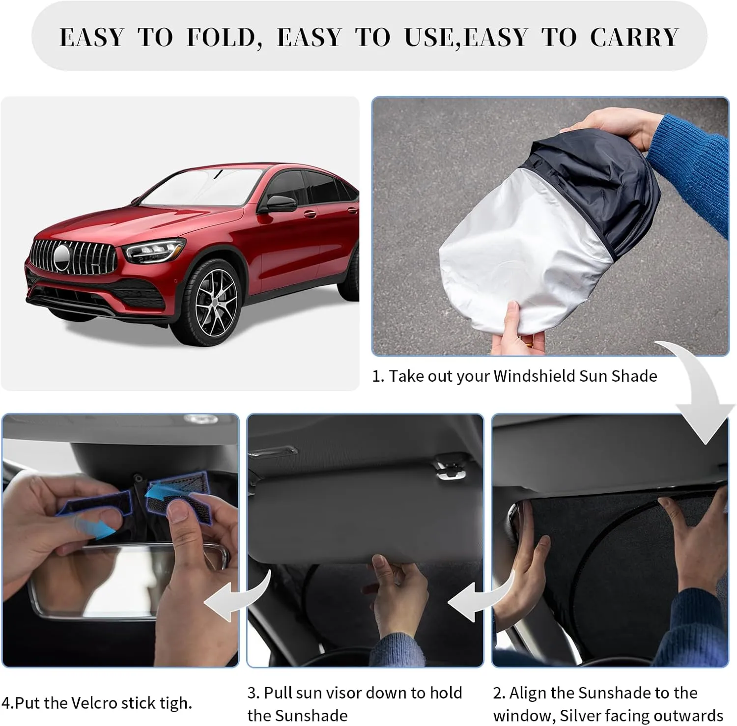 Sun Shade Sunshade for 2016-2024 Mercedes-Benz GLC300 GLK SUV Windshield Cover, 4-Layer Front Window Shade Custom fit Sun Visor 240T Retractable Shield Shade Blocks UV Rays Cooler Car Accessories