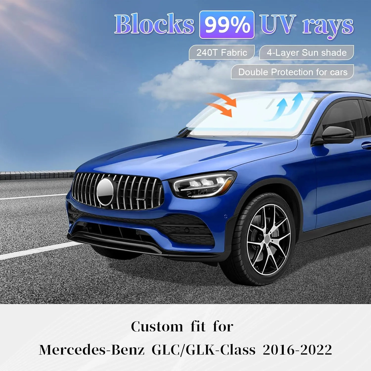 Sun Shade Sunshade for 2016-2024 Mercedes-Benz GLC300 GLK SUV Windshield Cover, 4-Layer Front Window Shade Custom fit Sun Visor 240T Retractable Shield Shade Blocks UV Rays Cooler Car Accessories
