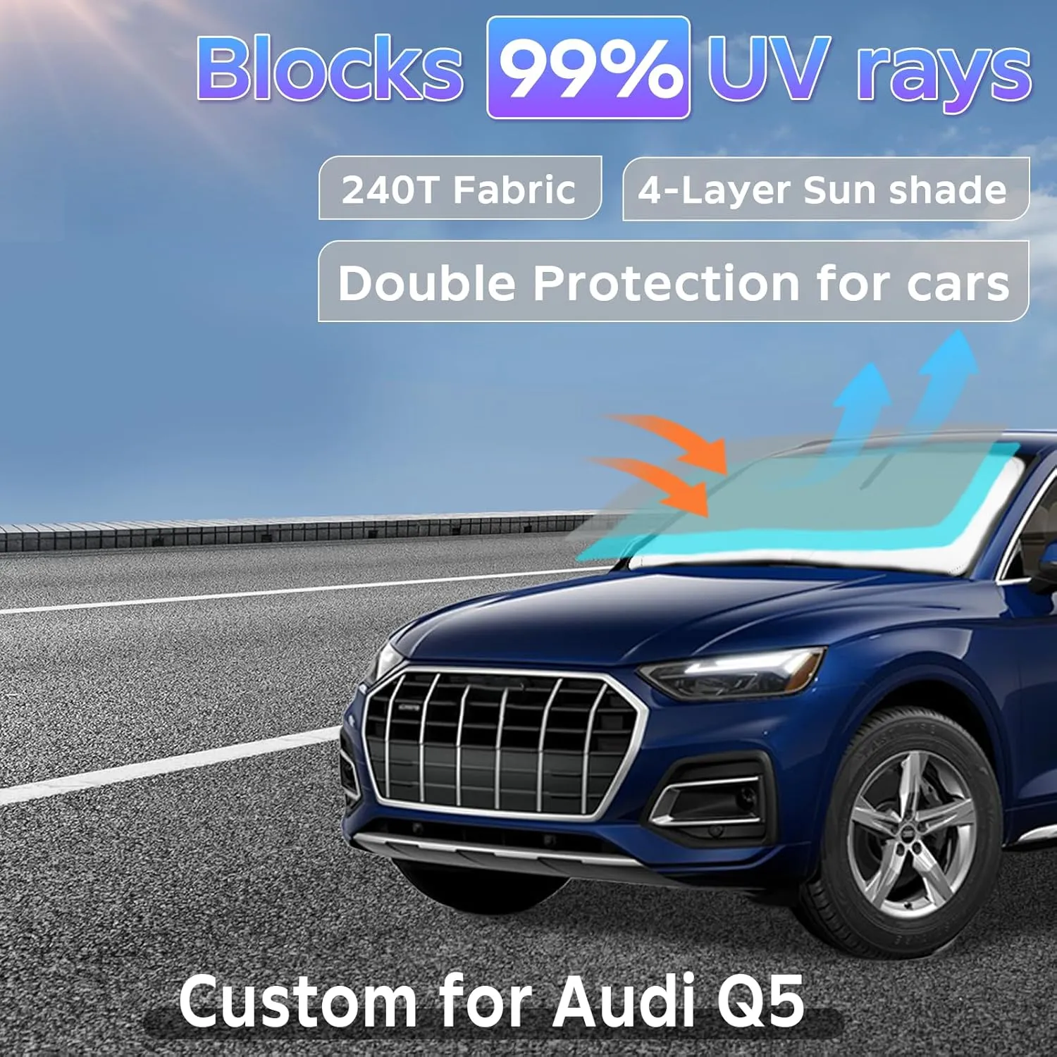 Sun Shade Sunshade for Audi Q5 2018-2024 2025 Windshield Cover, 2-Layers Sun Shield for Q5 SQ5 Premium, Premium Plus, Prestige Crossover SUV Winter 240T Silver Coating Sun Visor Car Accessories