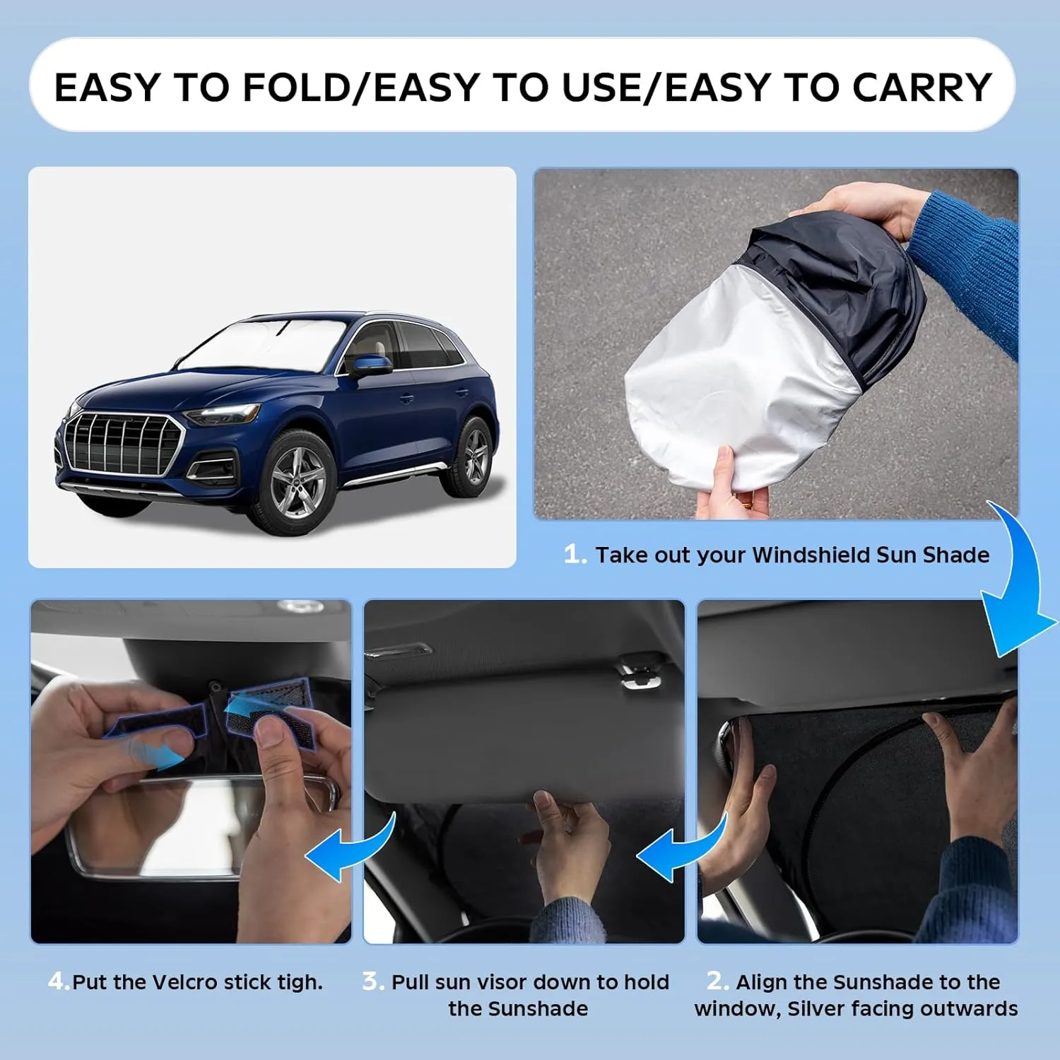 Sun Shade Sunshade for Audi Q5 2018-2024 2025 Windshield Cover, 2-Layers Sun Shield for Q5 SQ5 Premium, Premium Plus, Prestige Crossover SUV Winter 240T Silver Coating Sun Visor Car Accessories