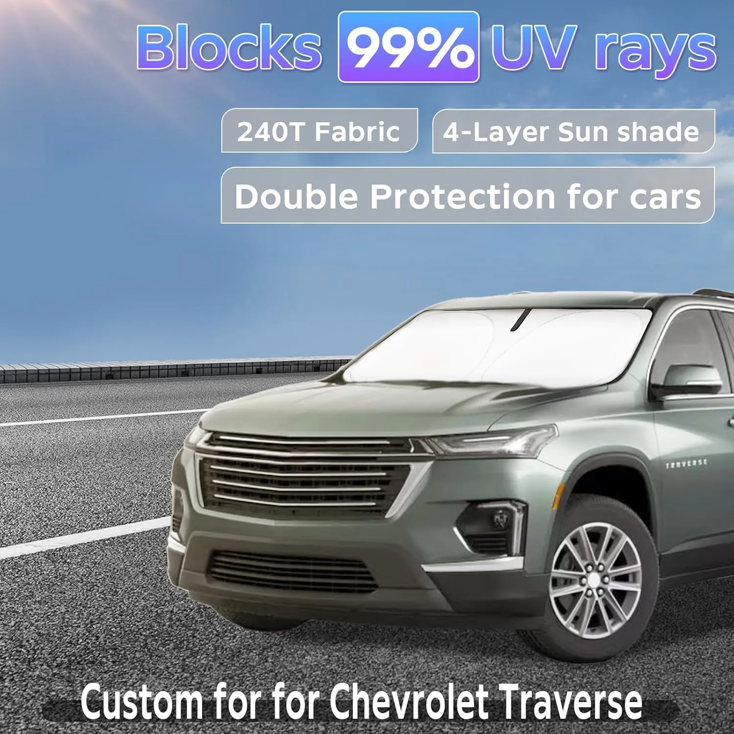 Sun Shade Sunshade for Chevrolet Traverse 2018-2024 2025 Windshield Cover, 2-Layers Sun Shield 240T Silver Sun Visor for Chevry Traverse LS, LT, RS, Redline, Premier SUV Car Accessories