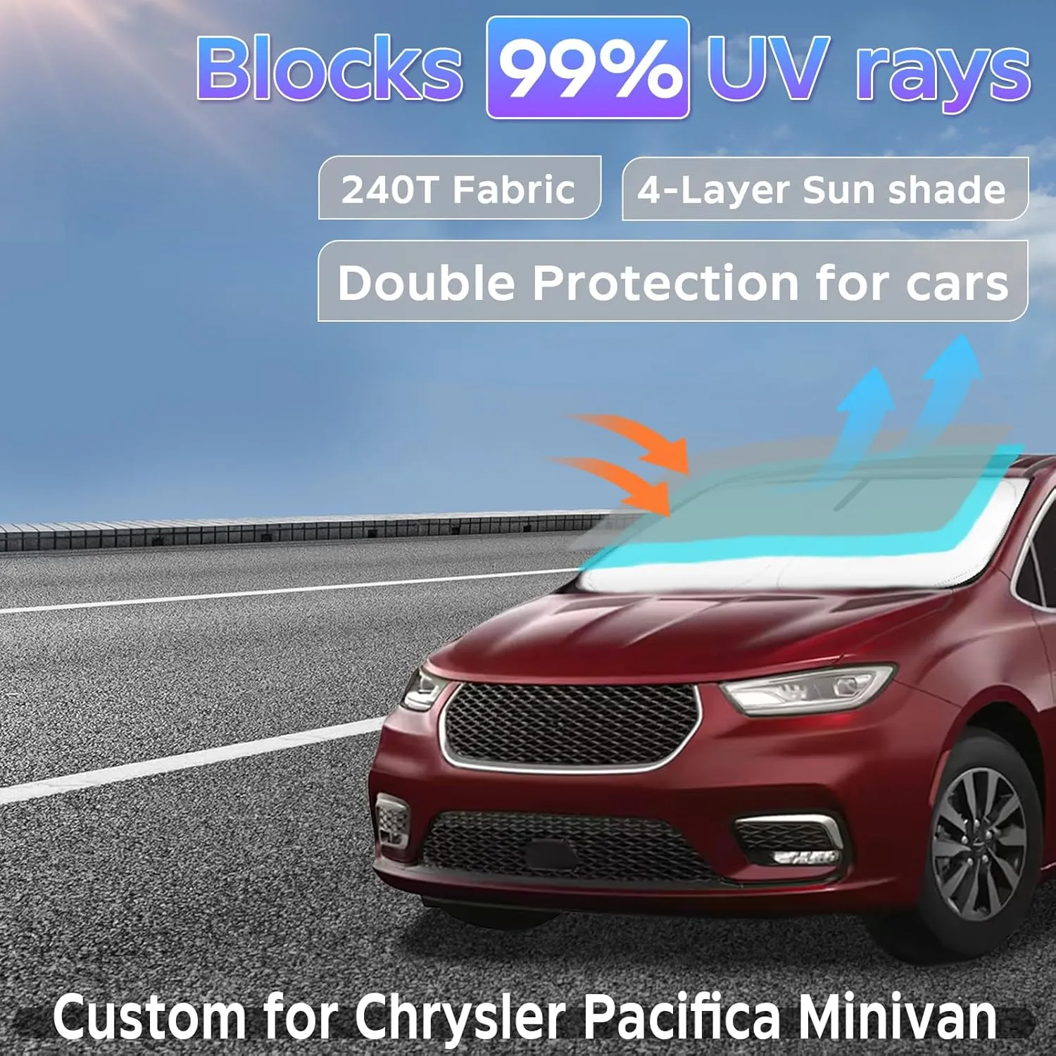 Sun Shade Sunshade for Chrysler Pacifica Minivan 2017-2024 2025 Windshield Cover, 2-Layers Sun Shield 240T Silver Coating Sun Visor Foldable Window Shade Blocks UV Rays Car Accessories