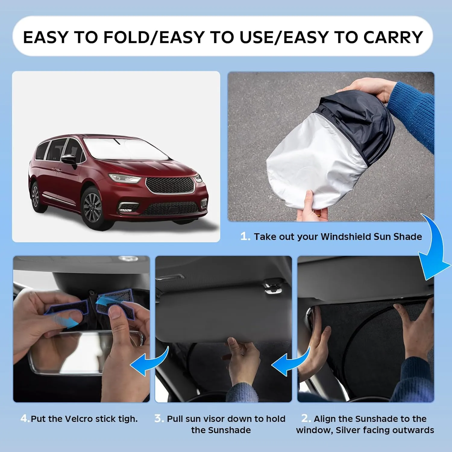 Sun Shade Sunshade for Chrysler Pacifica Minivan 2017-2024 2025 Windshield Cover, 2-Layers Sun Shield 240T Silver Coating Sun Visor Foldable Window Shade Blocks UV Rays Car Accessories
