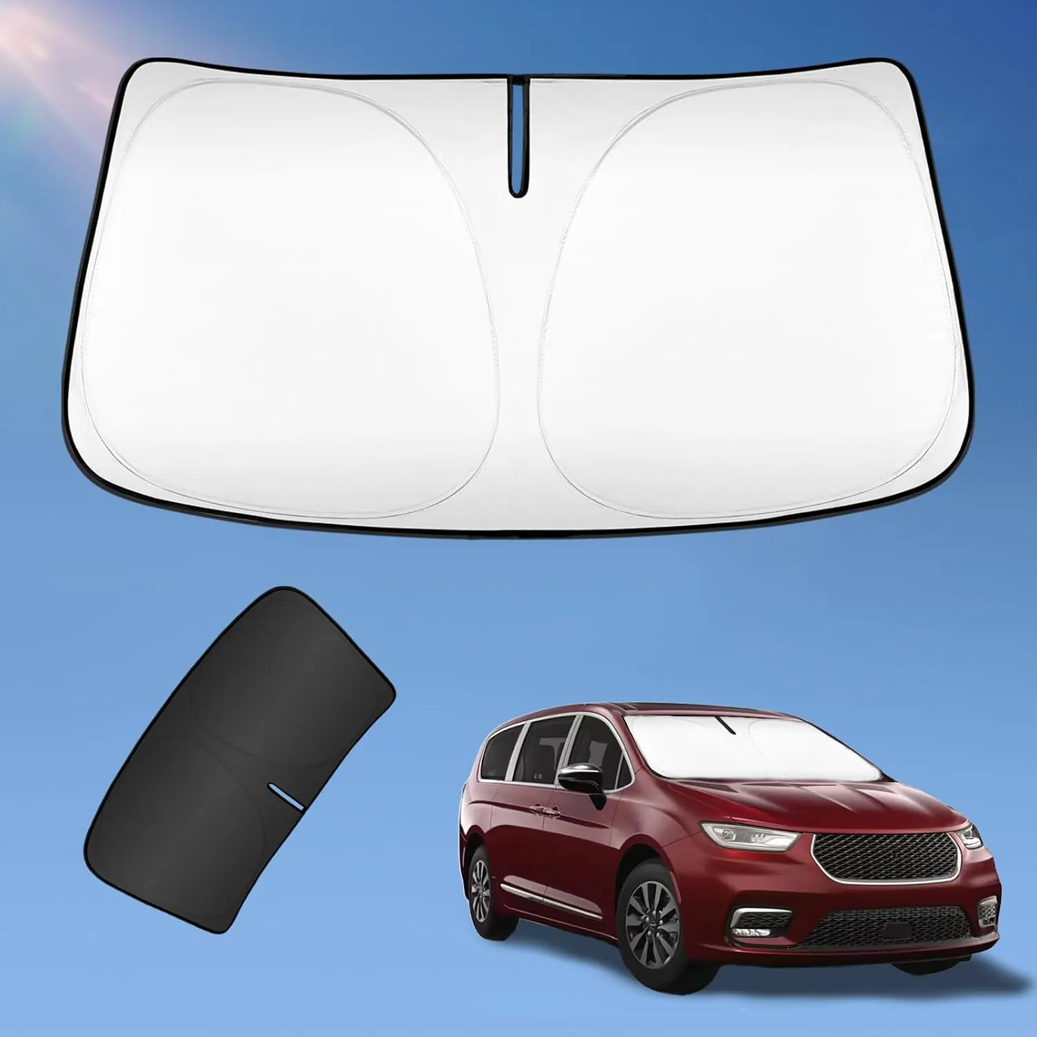 Sun Shade Sunshade for Chrysler Pacifica Minivan 2017-2024 2025 Windshield Cover, 2-Layers Sun Shield 240T Silver Coating Sun Visor Foldable Window Shade Blocks UV Rays Car Accessories