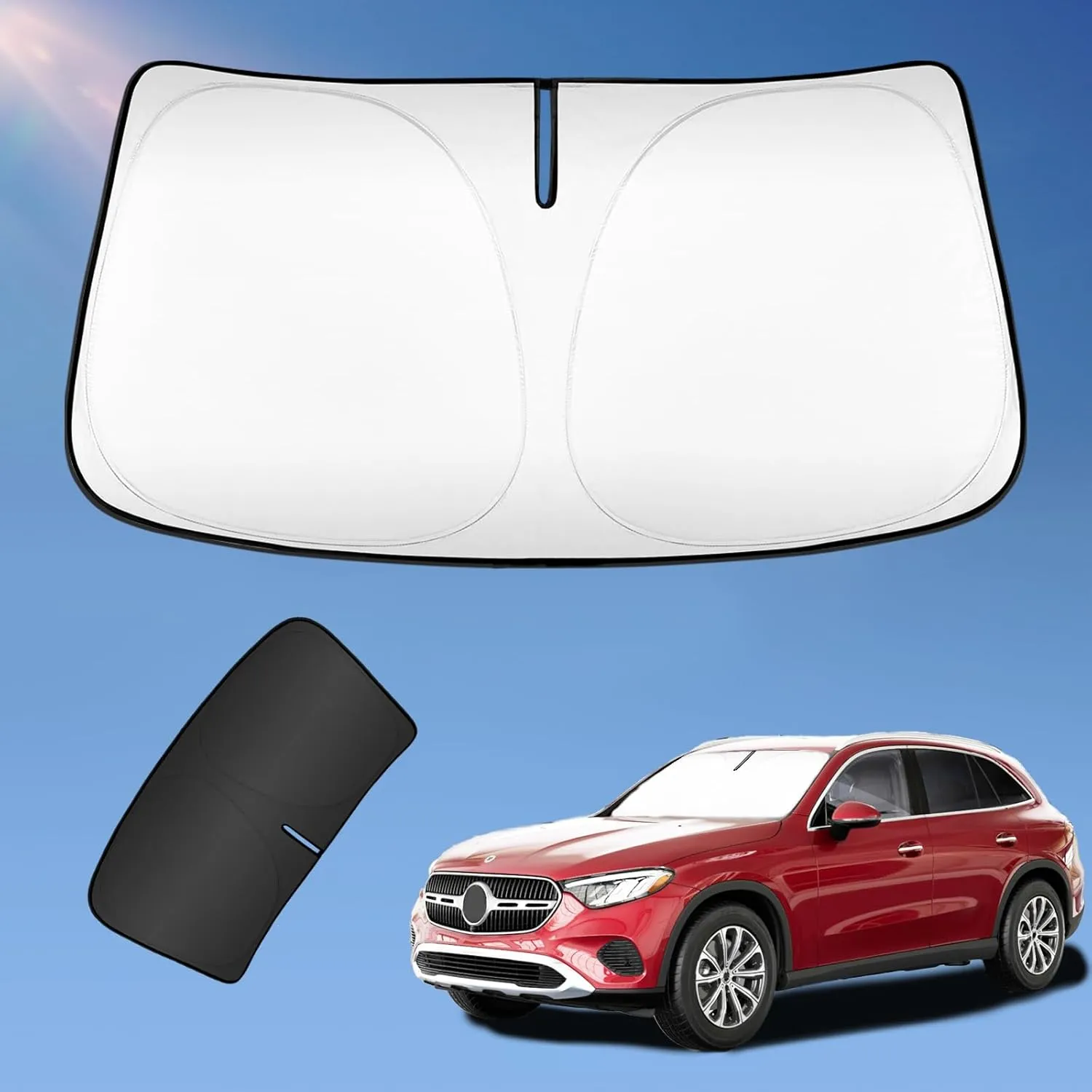 Sun Shade Sunshade for Mercedes Benz GLC 260 GLC 300 GLK-Class 2023-2024 2025 Windshield Cover, 2-Layers Sun Shield 240T Silver Coating Sun Visor Foldable Window Shade Blocks UV Rays Car Accessories