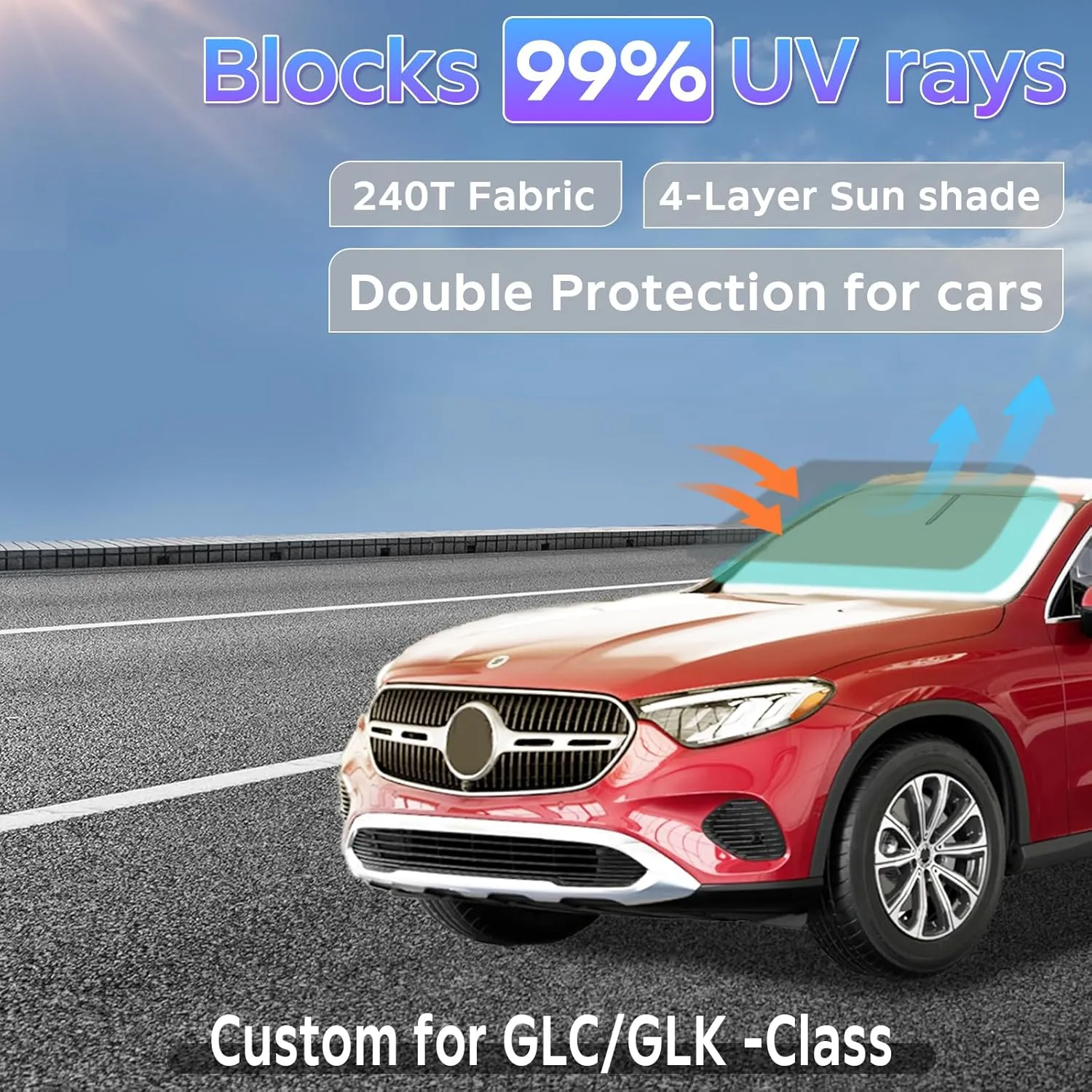 Sun Shade Sunshade for Mercedes Benz GLC 260 GLC 300 GLK-Class 2023-2024 2025 Windshield Cover, 2-Layers Sun Shield 240T Silver Coating Sun Visor Foldable Window Shade Blocks UV Rays Car Accessories