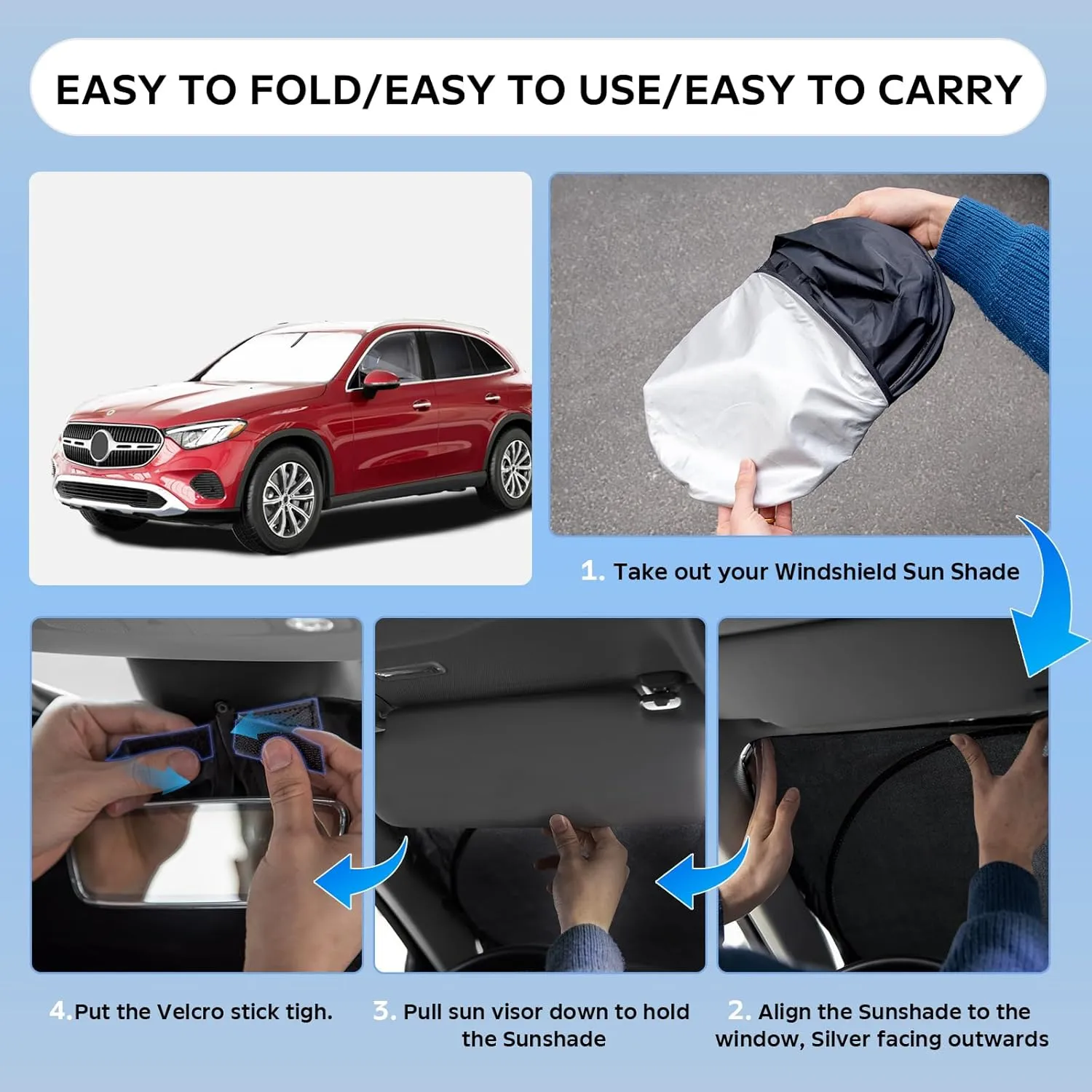 Sun Shade Sunshade for Mercedes Benz GLC 260 GLC 300 GLK-Class 2023-2024 2025 Windshield Cover, 2-Layers Sun Shield 240T Silver Coating Sun Visor Foldable Window Shade Blocks UV Rays Car Accessories